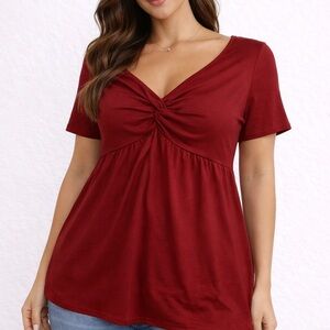 Women’s Burgundy Twist-Front V-Neck Top